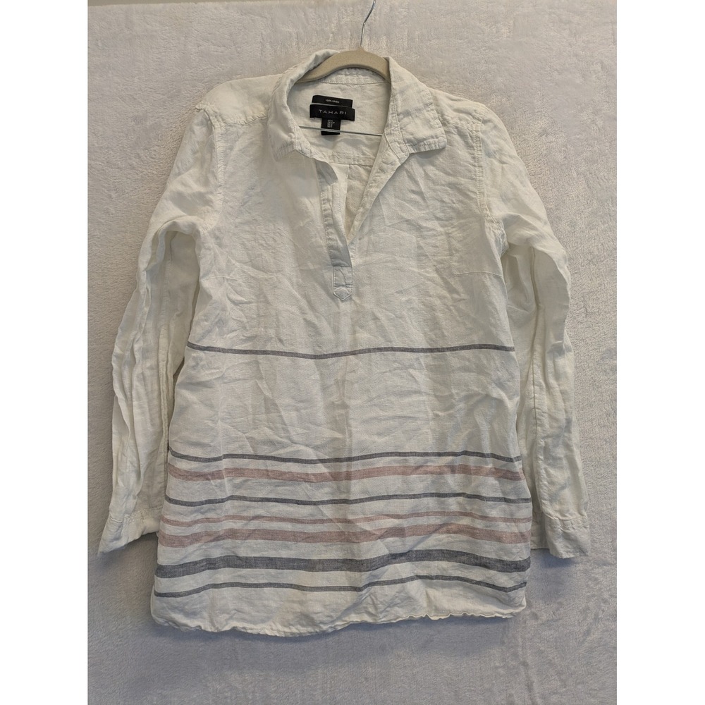 Tahari Linen Stripe Tunic Shirt Womens Size S White Long Sleeve Pullover